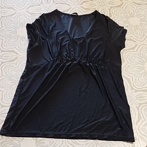 BCBGMaxAzria Black Ruched Blouse Sz XL Basic Black Silky Feel V Neck Dressy